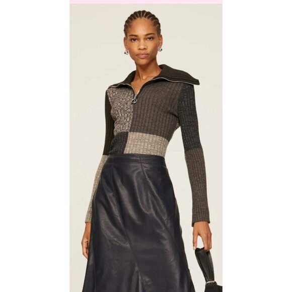 Sandro Paris Moria Sweater Size 3 US L Colorblock Rib Knit Zip Collar Pullover - Picture 1 of 10